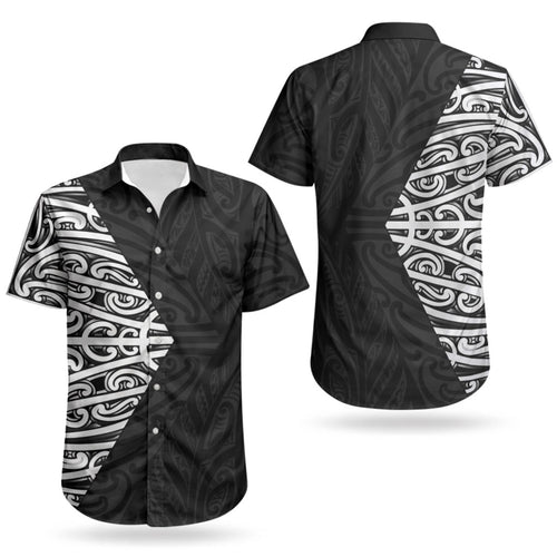 Black New Zealand Puhoro Maori Tattoo Couples Matching Off Shoulder Short Dress and Hawaiian Shirt LT14