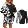Black New Zealand Puhoro Maori Tattoo Couples Matching Off Shoulder Short Dress and Long Sleeve Button Shirt