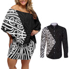 Black New Zealand Puhoro Maori Tattoo Couples Matching Off Shoulder Short Dress and Long Sleeve Button Shirt