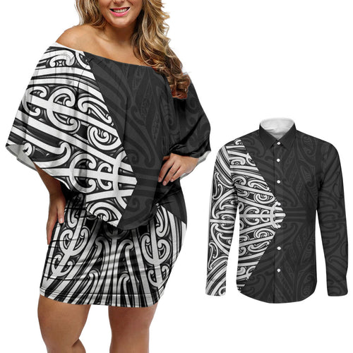Black New Zealand Puhoro Maori Tattoo Couples Matching Off Shoulder Short Dress and Long Sleeve Button Shirt