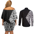 Black New Zealand Puhoro Maori Tattoo Couples Matching Off Shoulder Short Dress and Long Sleeve Button Shirt