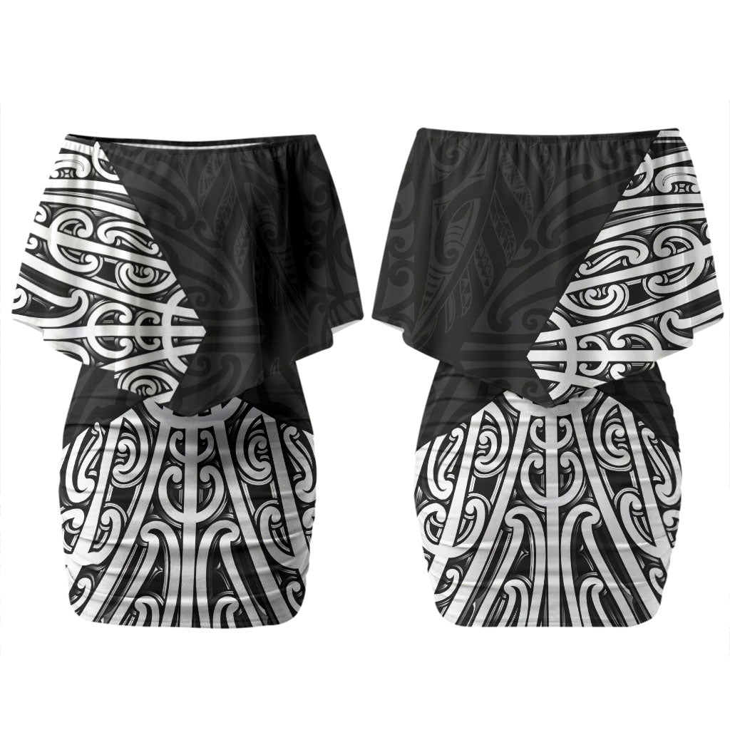 Black New Zealand Puhoro Maori Tattoo Couples Matching Off Shoulder Short Dress and Long Sleeve Button Shirt LT14