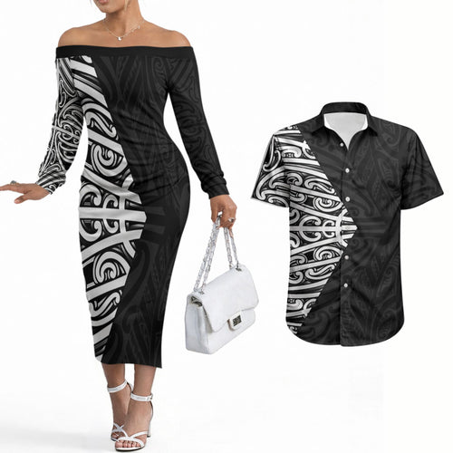 Black New Zealand Puhoro Maori Tattoo Couples Matching Off The Shoulder Long Sleeve Dress and Hawaiian Shirt