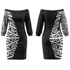 Black New Zealand Puhoro Maori Tattoo Couples Matching Off The Shoulder Long Sleeve Dress and Hawaiian Shirt LT14