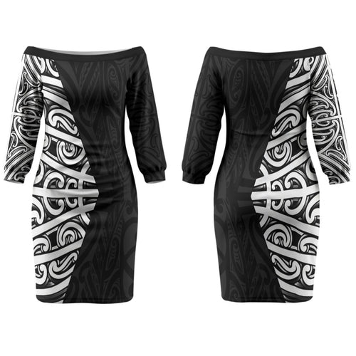 Black New Zealand Puhoro Maori Tattoo Couples Matching Off The Shoulder Long Sleeve Dress and Hawaiian Shirt LT14