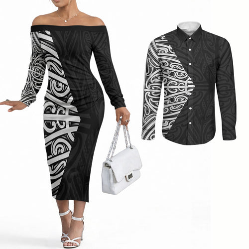Black New Zealand Puhoro Maori Tattoo Couples Matching Off The Shoulder Long Sleeve Dress and Long Sleeve Button Shirt