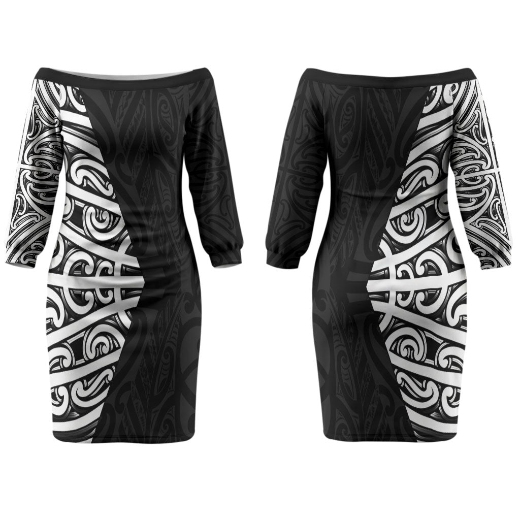 Black New Zealand Puhoro Maori Tattoo Couples Matching Off The Shoulder Long Sleeve Dress and Long Sleeve Button Shirt LT14