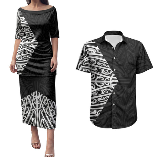 Black New Zealand Puhoro Maori Tattoo Couples Matching Puletasi and Hawaiian Shirt