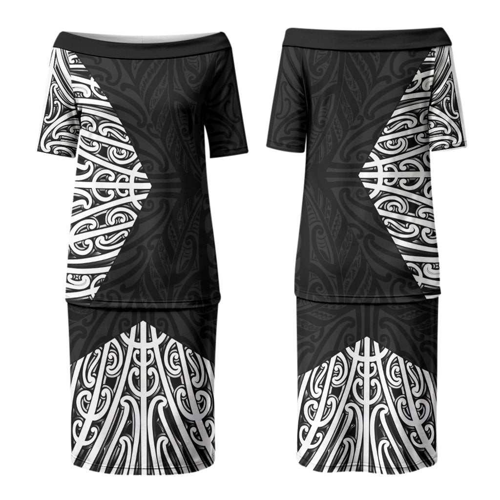 Black New Zealand Puhoro Maori Tattoo Couples Matching Puletasi and Hawaiian Shirt LT14
