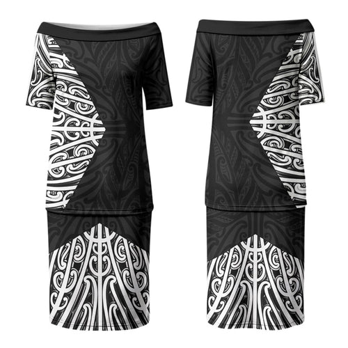 Black New Zealand Puhoro Maori Tattoo Couples Matching Puletasi and Hawaiian Shirt LT14