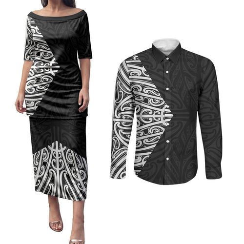 Black New Zealand Puhoro Maori Tattoo Couples Matching Puletasi and Long Sleeve Button Shirt