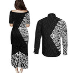 Black New Zealand Puhoro Maori Tattoo Couples Matching Puletasi and Long Sleeve Button Shirt