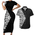Black New Zealand Puhoro Maori Tattoo Couples Matching Short Sleeve Bodycon Dress and Hawaiian Shirt