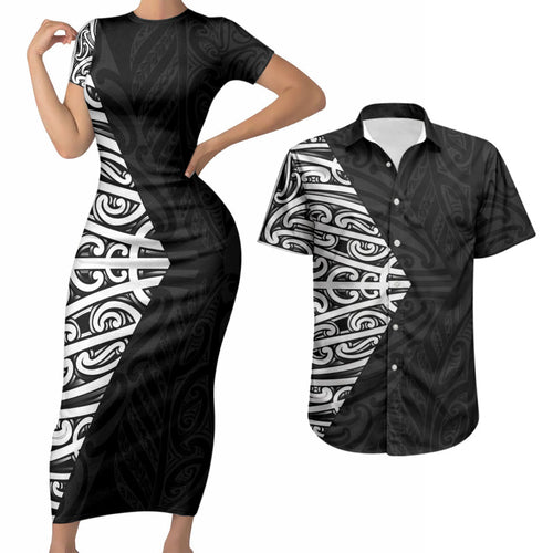 Black New Zealand Puhoro Maori Tattoo Couples Matching Short Sleeve Bodycon Dress and Hawaiian Shirt