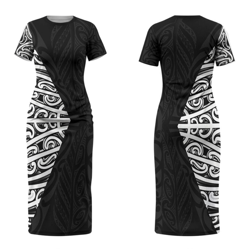 Black New Zealand Puhoro Maori Tattoo Couples Matching Short Sleeve Bodycon Dress and Hawaiian Shirt LT14