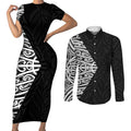 Black New Zealand Puhoro Maori Tattoo Couples Matching Short Sleeve Bodycon Dress and Long Sleeve Button Shirt