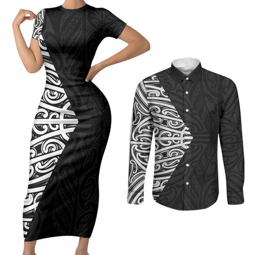 Black New Zealand Puhoro Maori Tattoo Couples Matching Short Sleeve Bodycon Dress and Long Sleeve Button Shirt