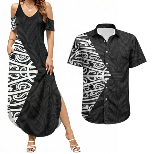 Black New Zealand Puhoro Maori Tattoo Couples Matching Summer Maxi Dress and Hawaiian Shirt