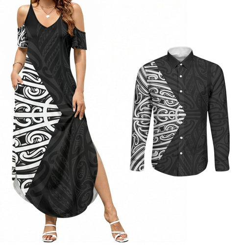 Black New Zealand Puhoro Maori Tattoo Couples Matching Summer Maxi Dress and Long Sleeve Button Shirt