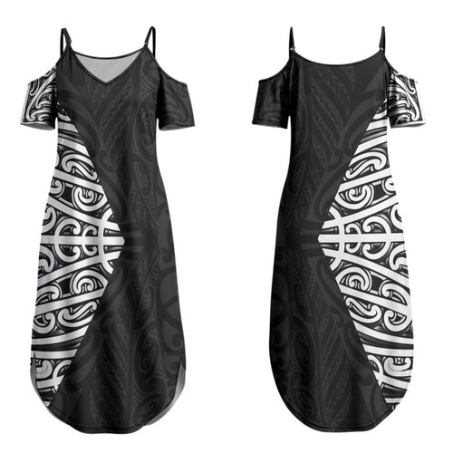 Black New Zealand Puhoro Maori Tattoo Couples Matching Summer Maxi Dress and Long Sleeve Button Shirt LT14