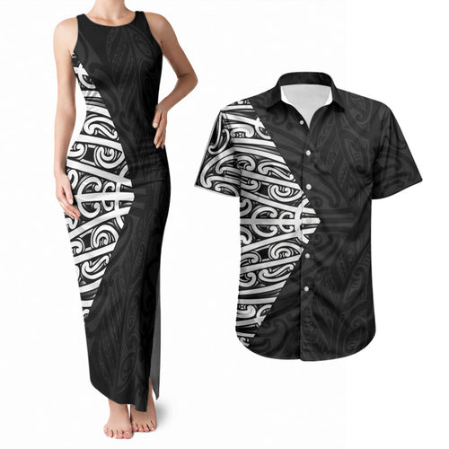 Black New Zealand Puhoro Maori Tattoo Couples Matching Tank Maxi Dress and Hawaiian Shirt