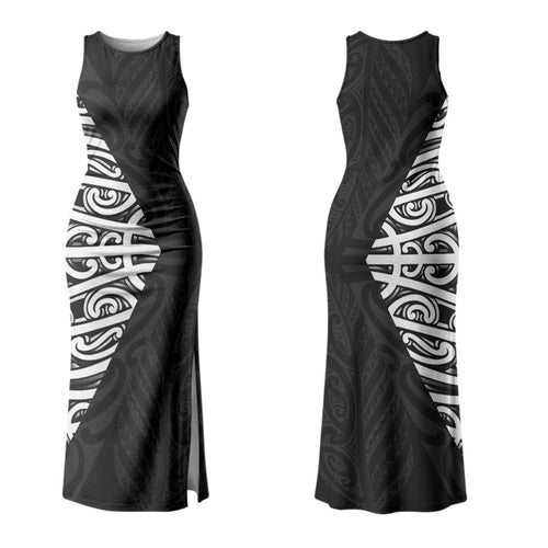 Black New Zealand Puhoro Maori Tattoo Couples Matching Tank Maxi Dress and Hawaiian Shirt LT14