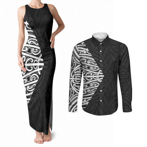 Black New Zealand Puhoro Maori Tattoo Couples Matching Tank Maxi Dress and Long Sleeve Button Shirt