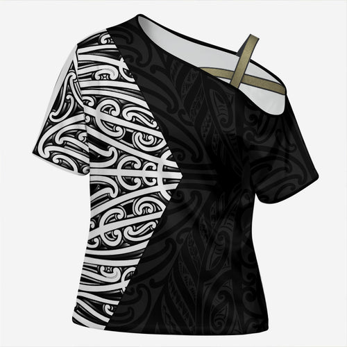 Black New Zealand Puhoro Maori Tattoo Cross Shoulder Shirt