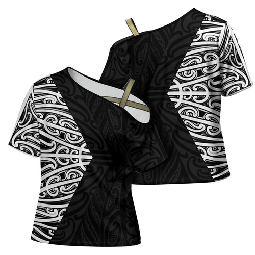 Black New Zealand Puhoro Maori Tattoo Cross Shoulder Shirt