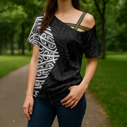 Black New Zealand Puhoro Maori Tattoo Cross Shoulder Shirt