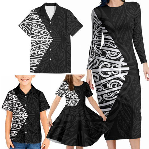 Black New Zealand Puhoro Maori Tattoo Family Matching Long Sleeve Bodycon Dress and Hawaiian Shirt