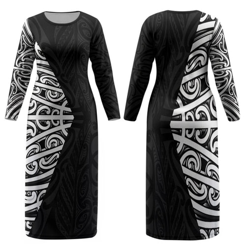 Black New Zealand Puhoro Maori Tattoo Family Matching Long Sleeve Bodycon Dress and Hawaiian Shirt