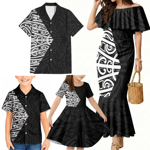 Black New Zealand Puhoro Maori Tattoo Family Matching Mermaid Dress and Hawaiian Shirt