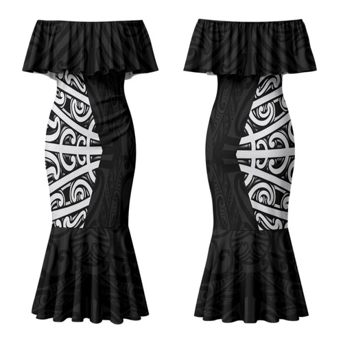 Black New Zealand Puhoro Maori Tattoo Family Matching Mermaid Dress and Hawaiian Shirt