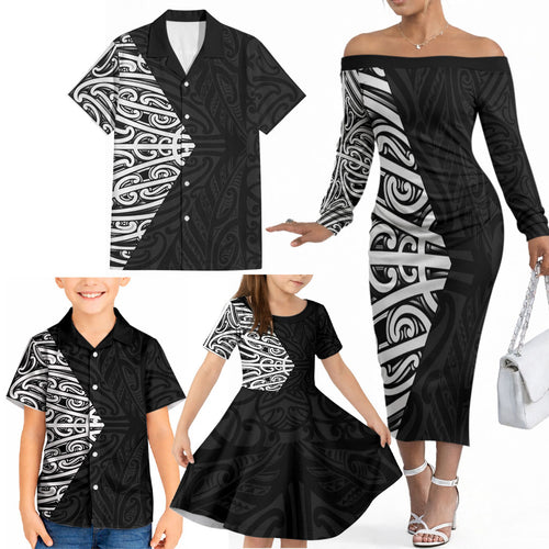Black New Zealand Puhoro Maori Tattoo Family Matching Off The Shoulder Long Sleeve Dress and Hawaiian Shirt