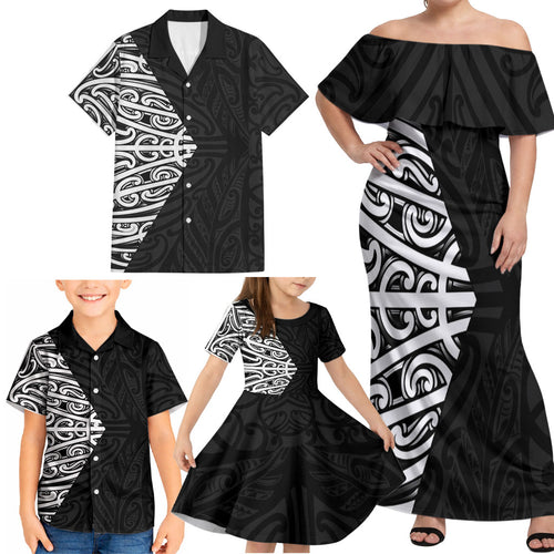 Black New Zealand Puhoro Maori Tattoo Family Matching Off Shoulder Maxi Dress and Hawaiian Shirt