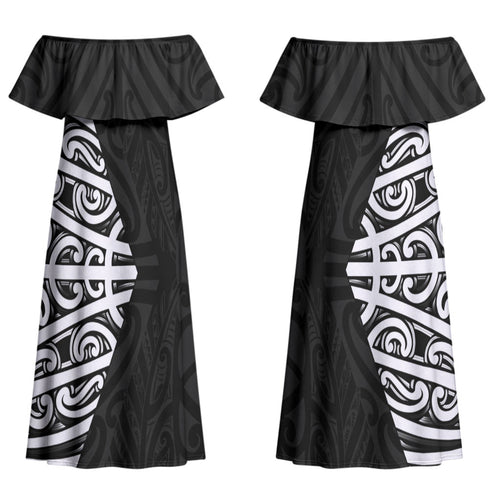 Black New Zealand Puhoro Maori Tattoo Family Matching Off Shoulder Maxi Dress and Hawaiian Shirt