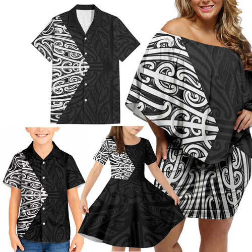 Black New Zealand Puhoro Maori Tattoo Family Matching Off Shoulder Short Dress and Hawaiian Shirt