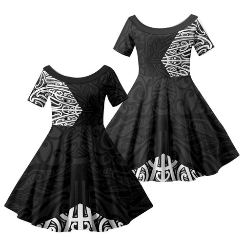 Black New Zealand Puhoro Maori Tattoo Family Matching Off Shoulder Short Dress and Hawaiian Shirt