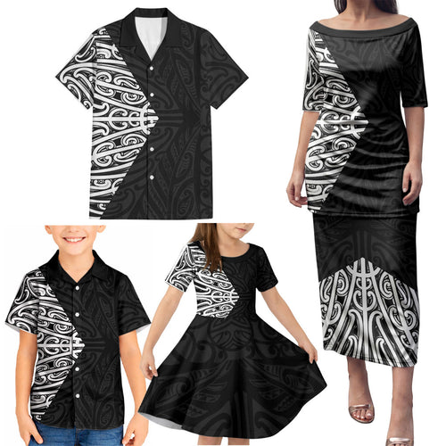 Black New Zealand Puhoro Maori Tattoo Family Matching Puletasi and Hawaiian Shirt