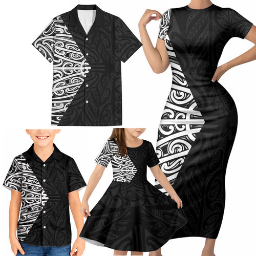 Black New Zealand Puhoro Maori Tattoo Family Matching Short Sleeve Bodycon Dress and Hawaiian Shirt