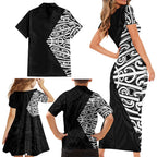 Black New Zealand Puhoro Maori Tattoo Family Matching Short Sleeve Bodycon Dress and Hawaiian Shirt