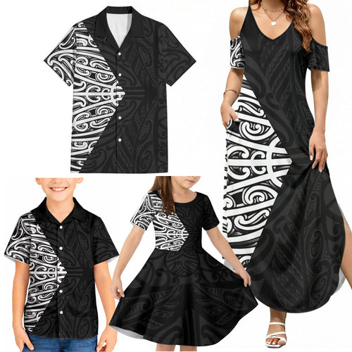 Black New Zealand Puhoro Maori Tattoo Family Matching Summer Maxi Dress and Hawaiian Shirt