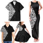 Black New Zealand Puhoro Maori Tattoo Family Matching Tank Maxi Dress and Hawaiian Shirt