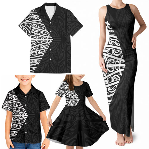 Black New Zealand Puhoro Maori Tattoo Family Matching Tank Maxi Dress and Hawaiian Shirt