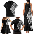 Black New Zealand Puhoro Maori Tattoo Family Matching Tank Maxi Dress and Hawaiian Shirt