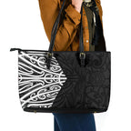 Black New Zealand Puhoro Maori Tattoo Leather Tote Bag