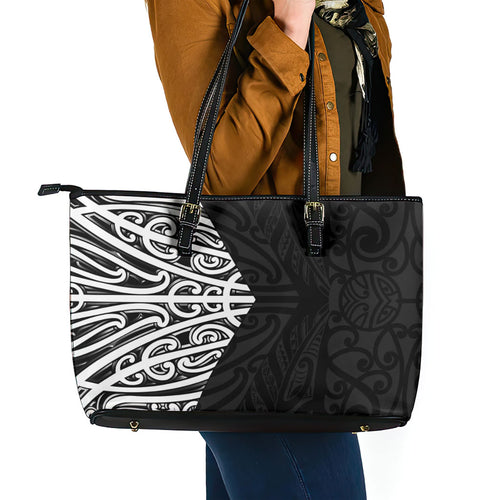 Black New Zealand Puhoro Maori Tattoo Leather Tote Bag