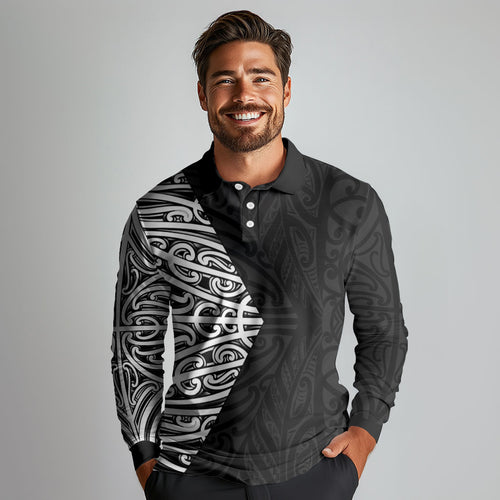 Black New Zealand Puhoro Maori Tattoo Long Sleeve Polo Shirt