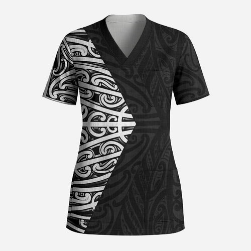Black New Zealand Puhoro Maori Tattoo Scrub Top